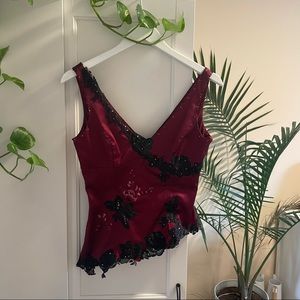 Y2K Adrianna Papell burgundy red and Black Corset Top Blouse